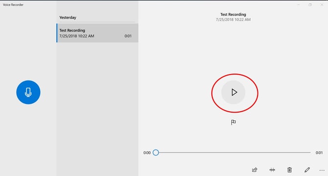 Image of Play Recording button circled red in Voice Recorder App.