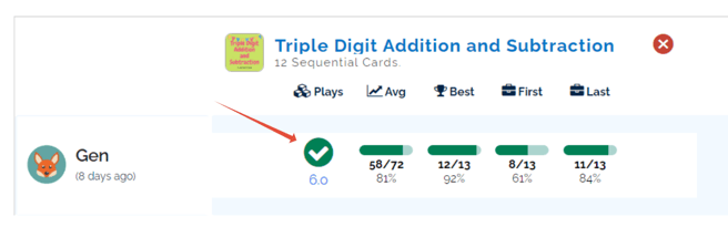 An image of an individual student's report, highlighting the green check mark under "plays".