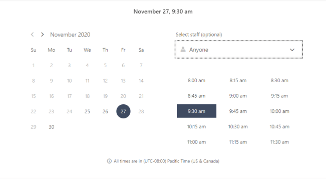 An image showing a calendar on the left and a staff selector and time slot picker on the right.
