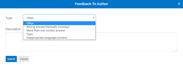 An image of the "feedback to author" page. It includes a selector for type of feedback, with options for "other", "wrong answer/factually incorrect", "more than one correct answer", "typo", and "inappropriate language/content".