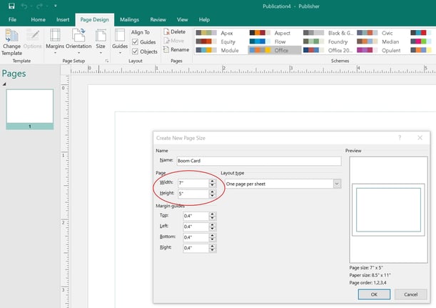 Image of setting page size in Select Size dialogue in the Page Design circled in red.tab.