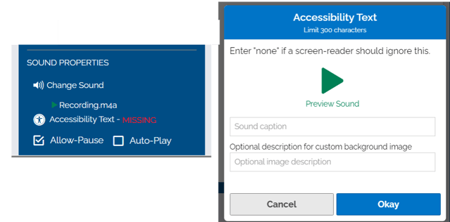 Image of Sound Properties marking Accessibility Text as missing and an adding Accessibility Text panel.