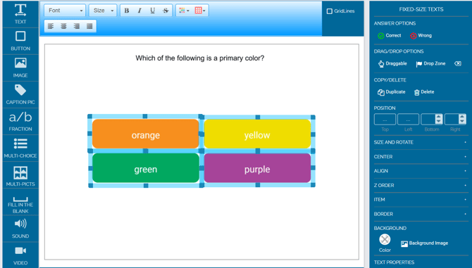 Image of example multiple-choice question. Four different colored buttons.
