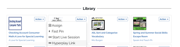 Image of a library where you can find different Boom Card decks, with one presenting a drop-down menu with the "Hyperplay Link" option.