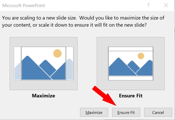 Image of red arrow pointing to Ensure Fit button on Microsoft PowerPoint.