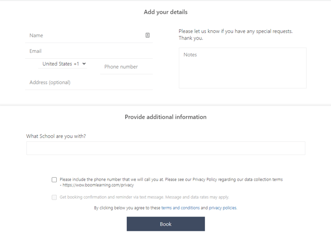 An image showing spots for contact information along the top left, a notes box along the top right, and a "book" button at the bottom center.