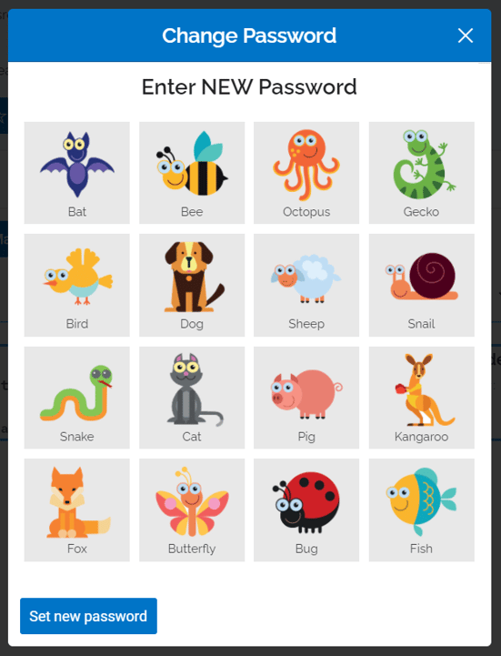 An image of a popup with the text, "enter new password" and a four-by-four grid of animal avatars. A button for "set new password" is at the bottom left.