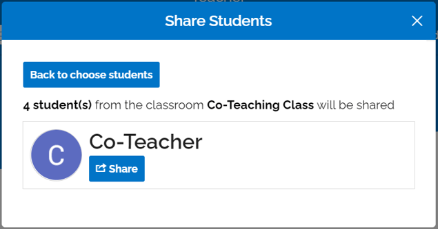 An image with a "back to choose students" button and confirmation text that students will be shared.