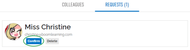 An image of the "requests" page and an incoming request with a "confirm" and "delete" button under it.