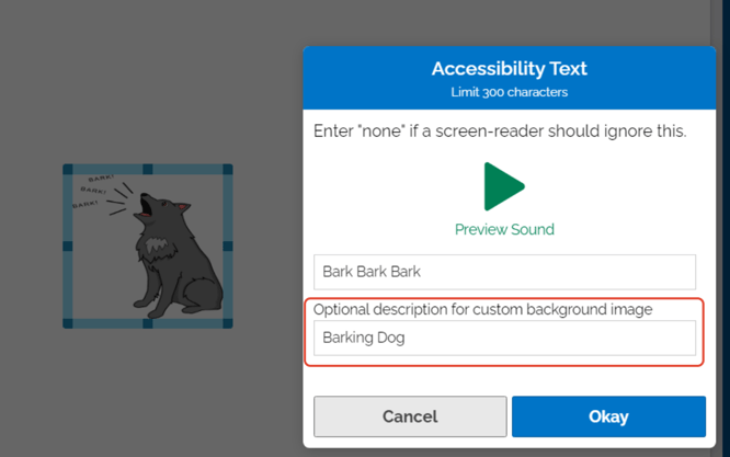 Image of Accessibility Text for sound of dog barking and a picture of dog. Accessibility Text image includes captions for the sound and a description for the dog.