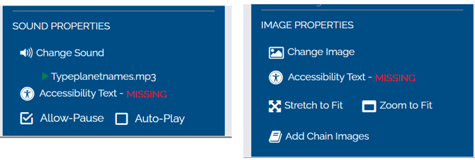 Image showing Sound & Image Properties that are marked for missing accessibility text.