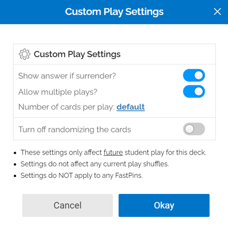 An image of the custom play settings. There's an toggleable button for "show answer if I surrender" and "allow multiple plays". Then a setting for "number of cards per play", currently set to default, and below that another toggle for "turn off randomizing the cards".