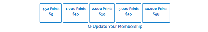 An image of the point packages. 450 points for $5, 1000 points for $10, 2000 points for $20, 5000 points for $50, 10000 points for $98.