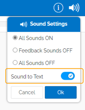 An image of the sound settings dropdown menu. "sound to text" is a toggleable switch at the bottom.