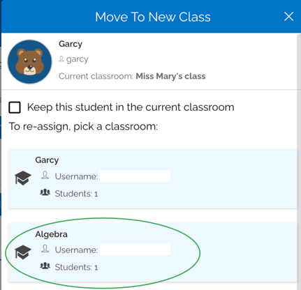 An image of the "move to new class" menu, highlighting a new classroom to move the student to.