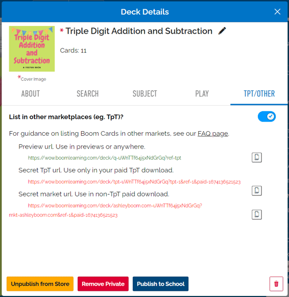Image of Other marketplace URLs in Deck Details.