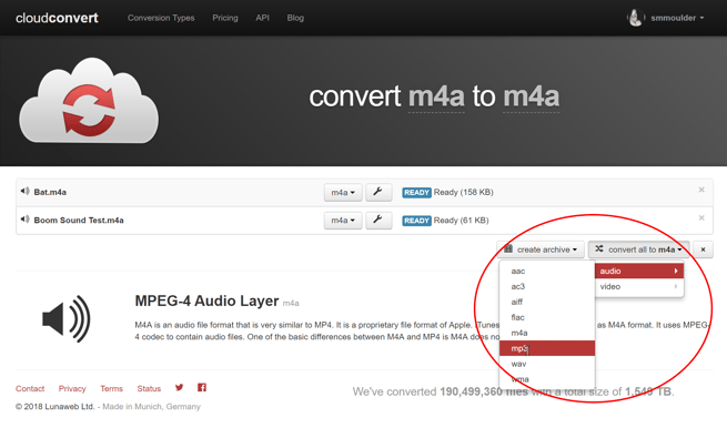 Image of selecting audio format drop down for audio conversion on Cloud Convert.