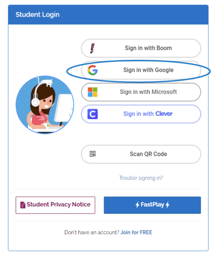 An image of the student login screen, highlighting the "sign in with google" button.