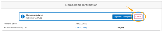 An image from the membership tab showing the current membership. There are buttons on the right for "upgrade/downgrade" and "cancel".