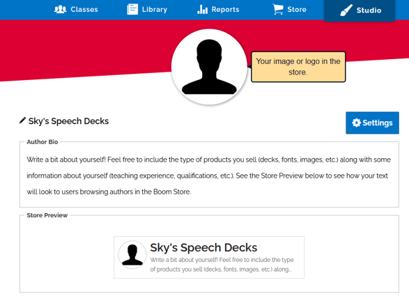 An image showing the Studio page. In the top center is the author picture icon. Under that and to the left is bold text for your Pen Name.