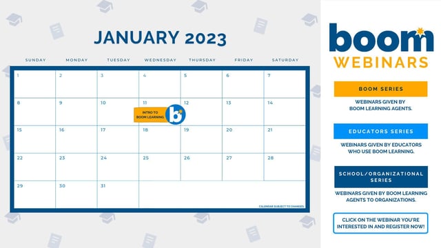 An infographic calendar for the webinars.