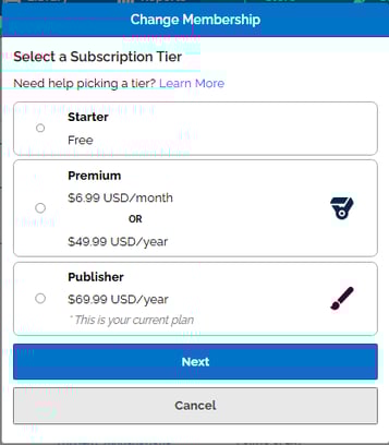 An image of the "change membership" menu. The three subscription tiers are shown, and under publisher is the gray, "this is your current plan" message.