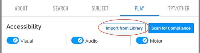 Image of Sound Library on the Play tab with the Import from Library button circled.