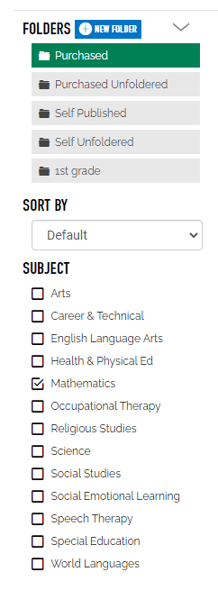 An image showing a "subject" filter under the "sort by" dropdown. It has check boxes for each subject, with the mathematics one ticked.