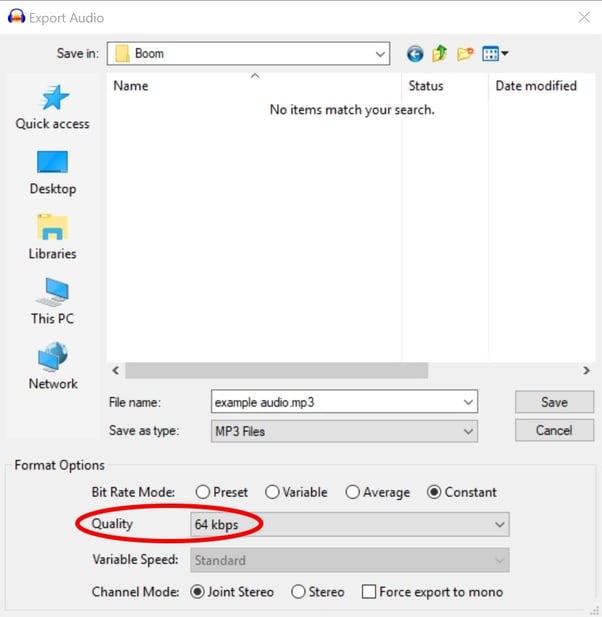 Image of Export File format quality set to 64 kbps.