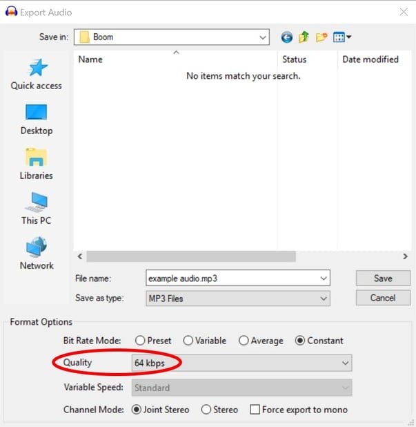 Image of setting quality to 64 kbps in Export Audio.