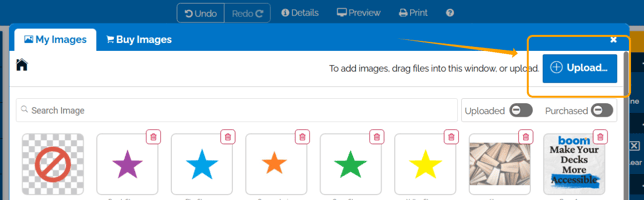 Image of arrow pointing at Upload button in My Images dialogue .