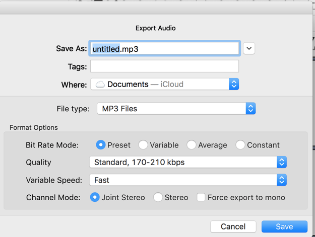 Image of converting file to MP3 using Audacity.