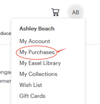 An image of the dropdown under your profile. My purchases is the second option.