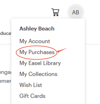 An image of the dropdown under your profile. My purchases is the second option.