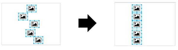Image of Elements in a haphazard line down a card being aligned into a straight vertical line.