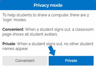 An image of the same privacy mode menu, this time highlighting the button for "private" at the bottom.