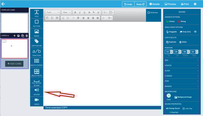 Image of red arrow pointing at Sound in Studio toolbar.