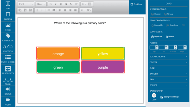Image of example simple multiple choice question, with borders that indicate whether the button was color or wrong. Green correct, Red wrong.