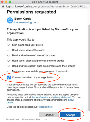 An image showing the permissions requested page, highlighting the check box for consenting on behalf of the organization and the accept button in the bottom right.