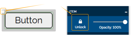 Image of arrows pointing at the white lock of a locked element and the Unlock button in the Item Settings.