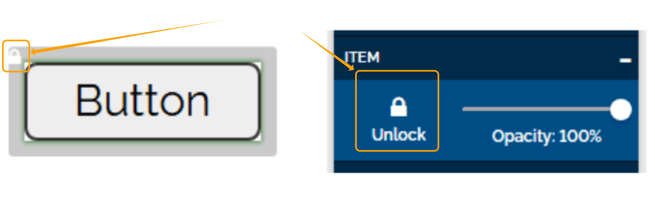 Image of arrows pointing at the white lock of a locked element and the Unlock button in the Item Settings.