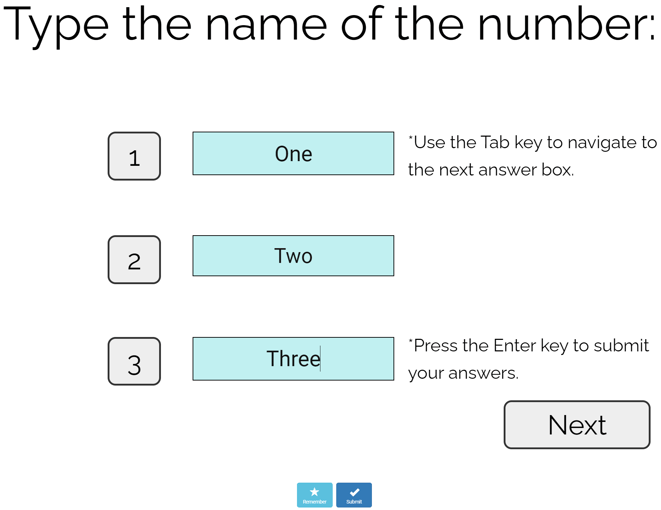 Image of card with fill-in-the-blank text boxes and Tab Key navigation instructions.