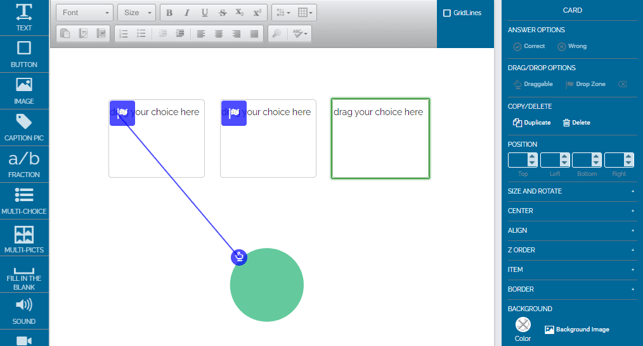 Image of example where the box on the far right is marked as correct. It is outlined in green. Because it is marked as correct, it no longer has the drop zone flag.