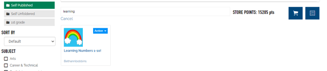 An image showing a search bar across the top with "learning" entered. The result is a deck named "learning numbers 1-10!"