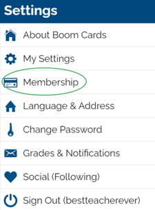 An image from the settings dropdown highlighting the membership button, third down.