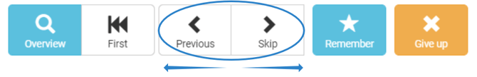 An image highlighting the "previous" and "skip" buttons at the top of the screen, displaying the back arrow and forward arrow for each respectively.