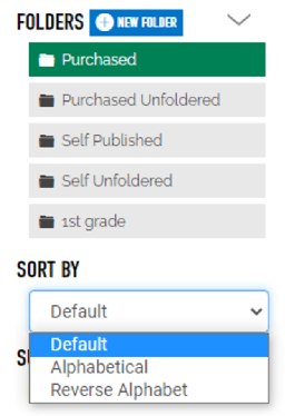 An image of the "sort by" drop down menu, with the options "default", "alphabetical", and "reverse alphabet".