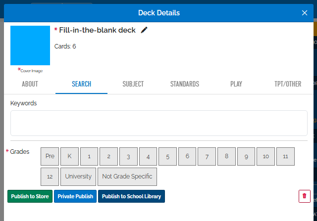 Deck Details open showing the second tab "search" where publishers can enter Keywords