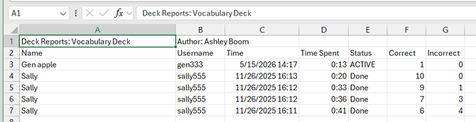 an example CSV file export of a deck report