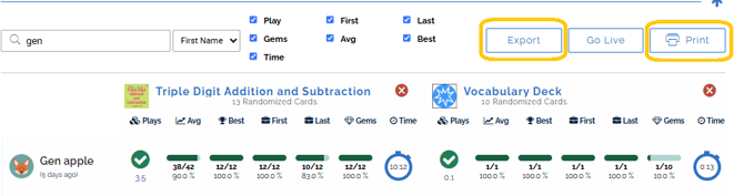 an image of the reports page showing the print and export button circled in gold.